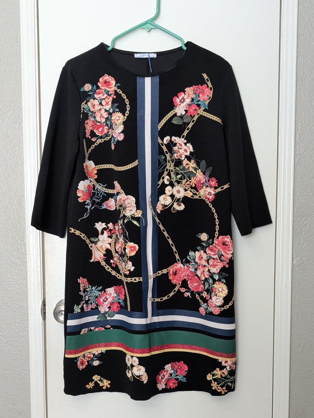 Zara Black Floral-Chain Midi Dress with Stripe Detail Size Large